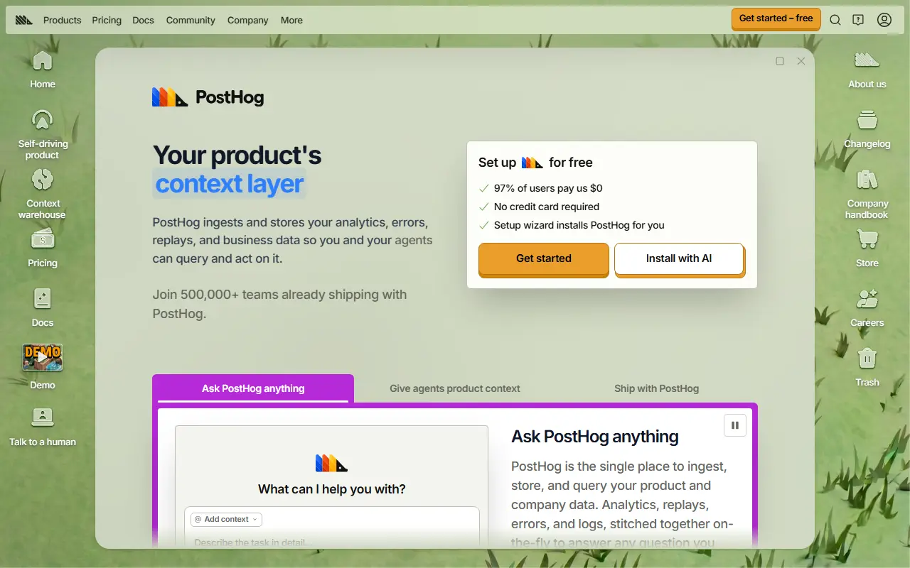PostHog homepage screenshot