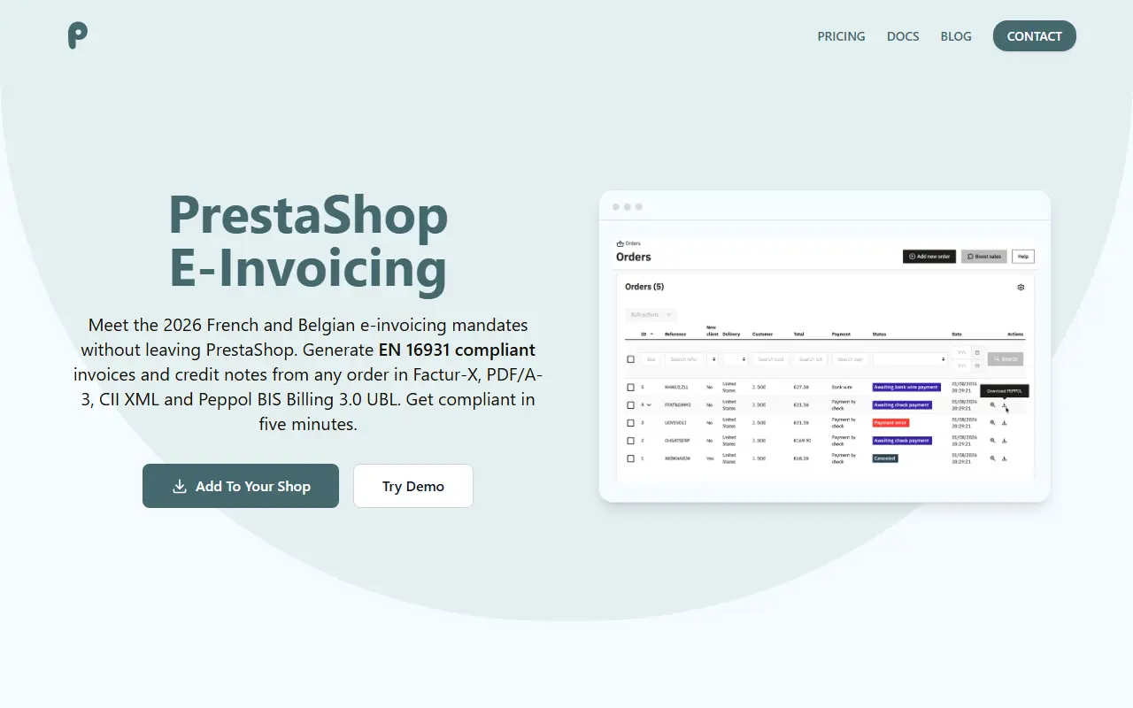 PrestaShop E-Invoicing homepage screenshot