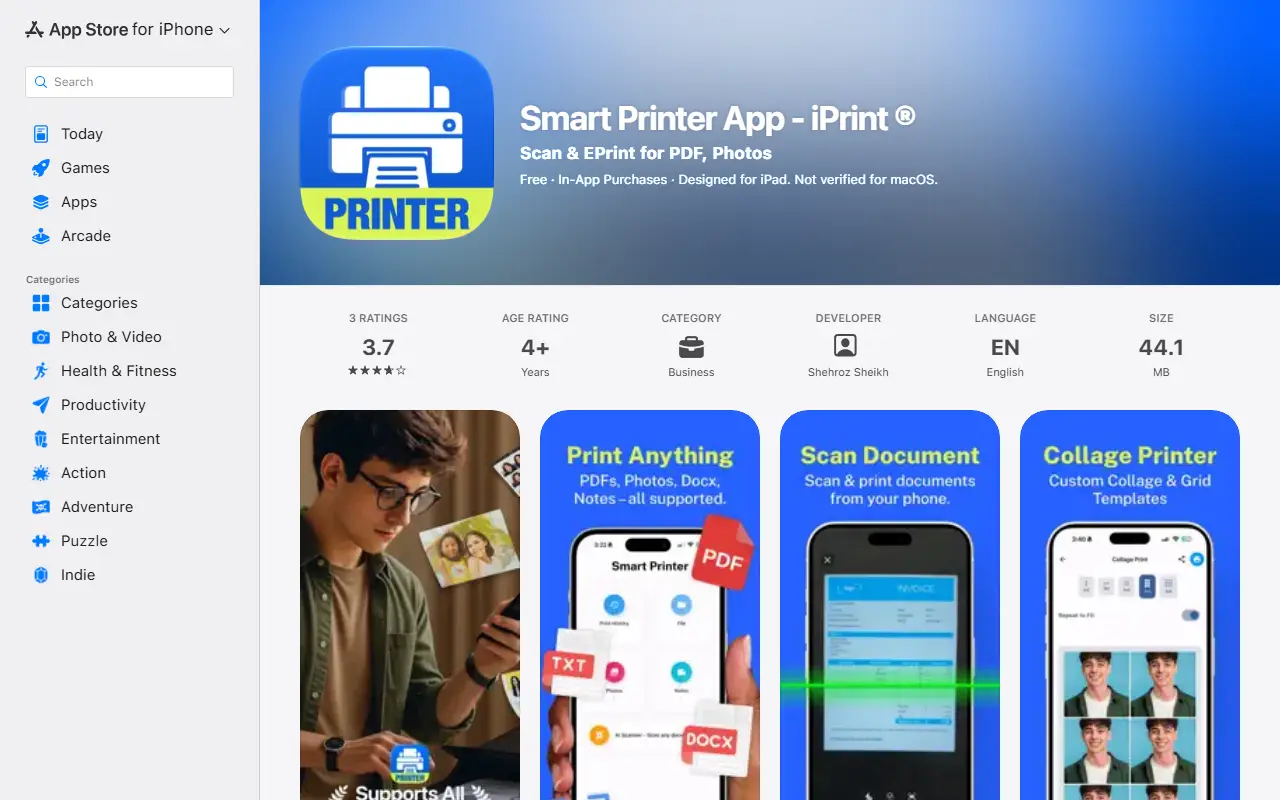 Printer homepage screenshot