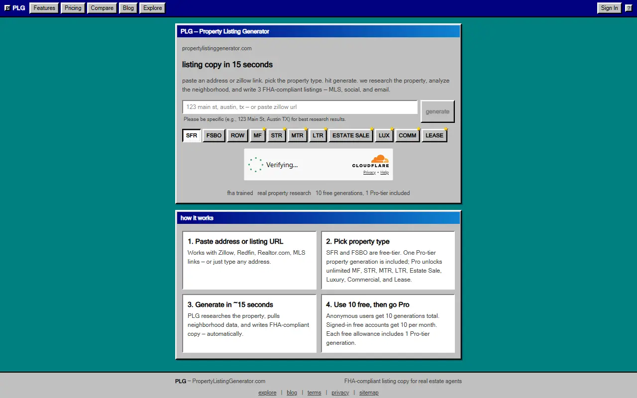 PropertyListingGenerator homepage screenshot