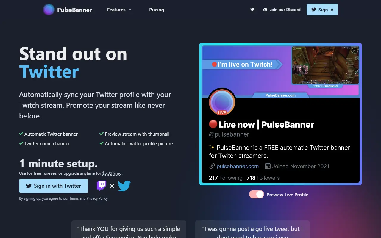 PulseBanner homepage screenshot