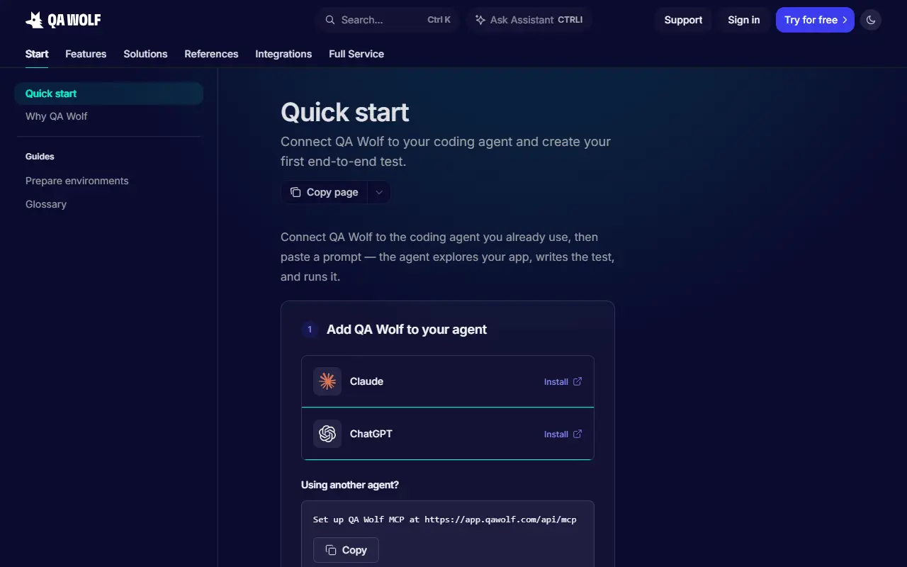 QA Wolf CLI homepage screenshot