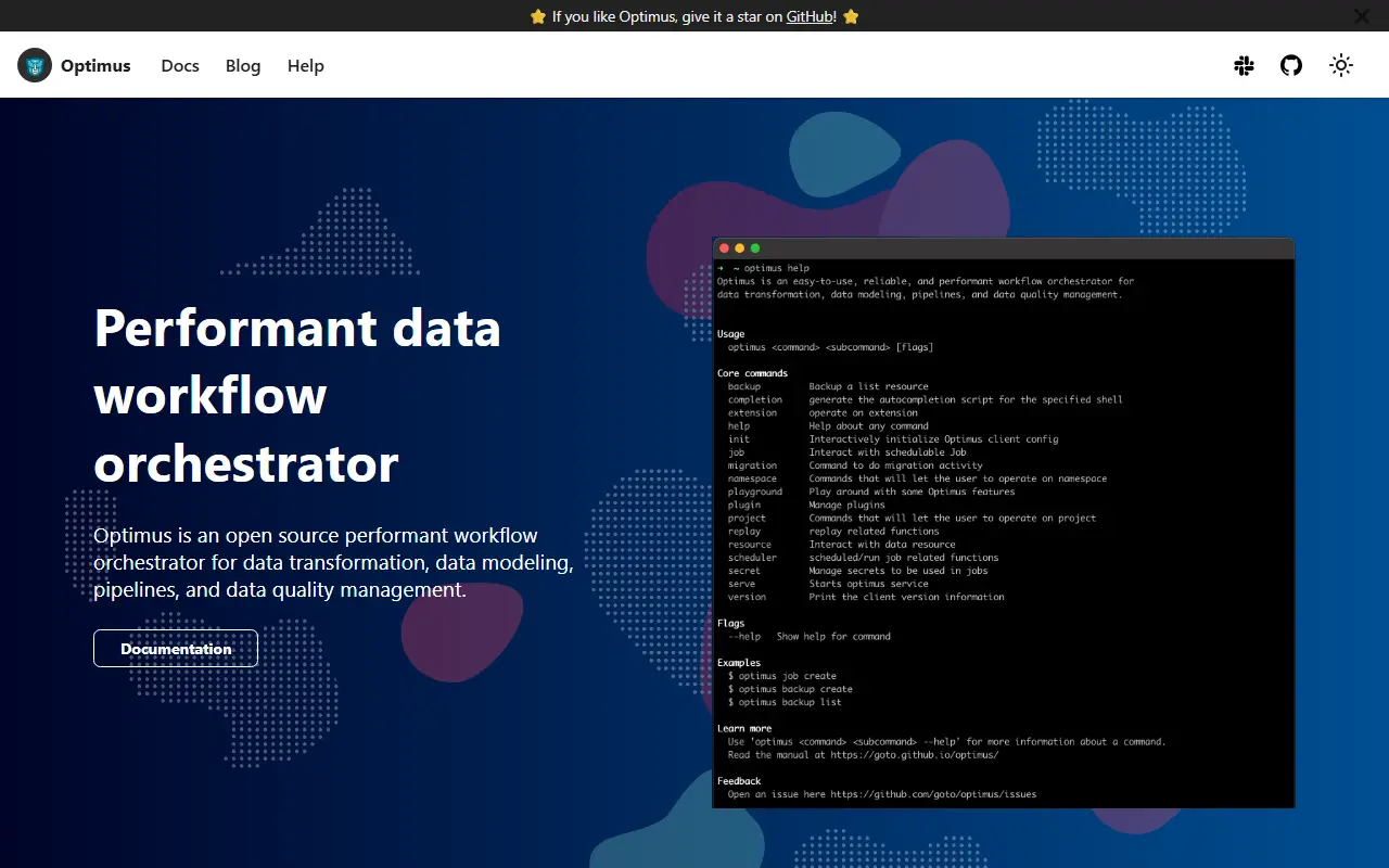 Optimus homepage screenshot