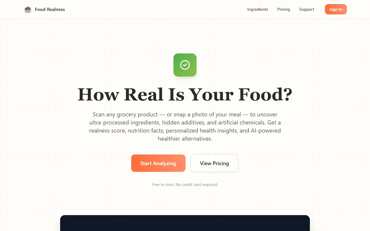 Real Food App homepage screenshot
