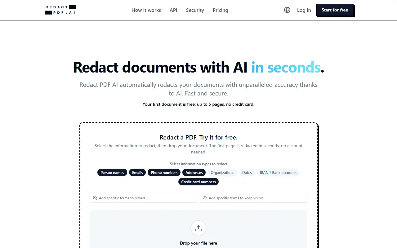 Redact PDF AI homepage screenshot