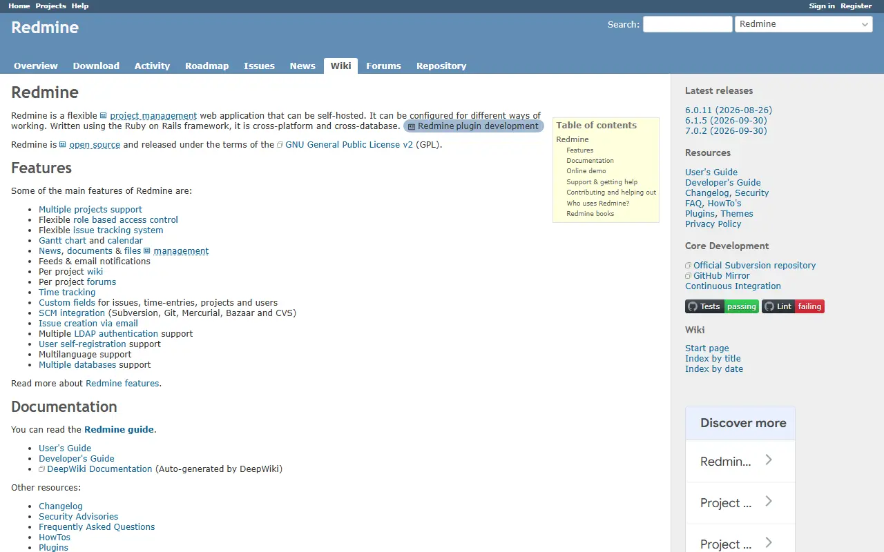 Redmine homepage screenshot