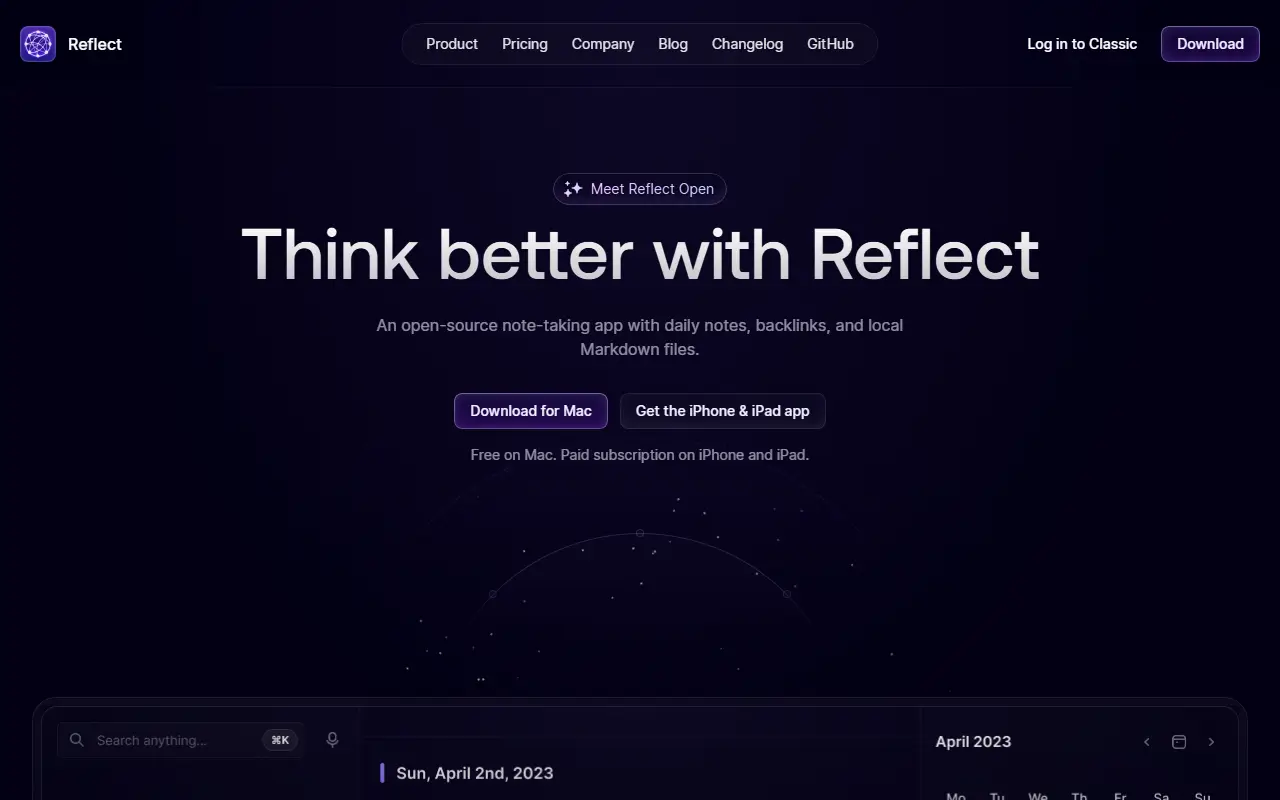 Reflect homepage screenshot