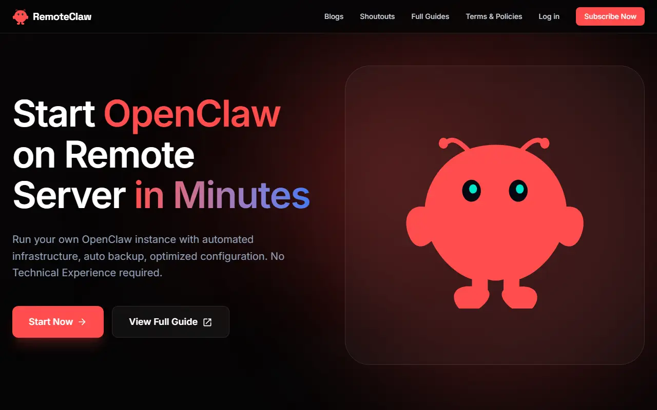 RemoteClaw homepage screenshot