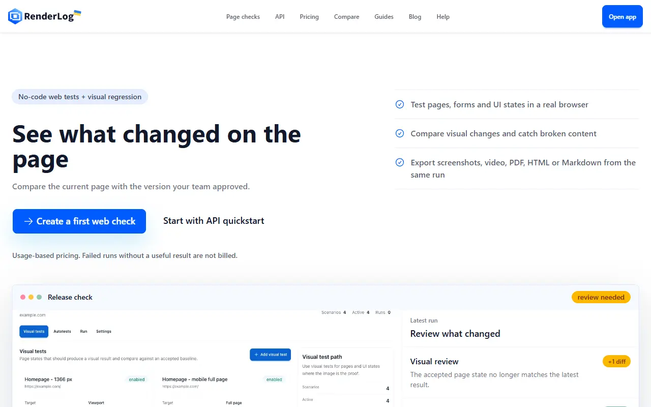 RenderLog homepage screenshot