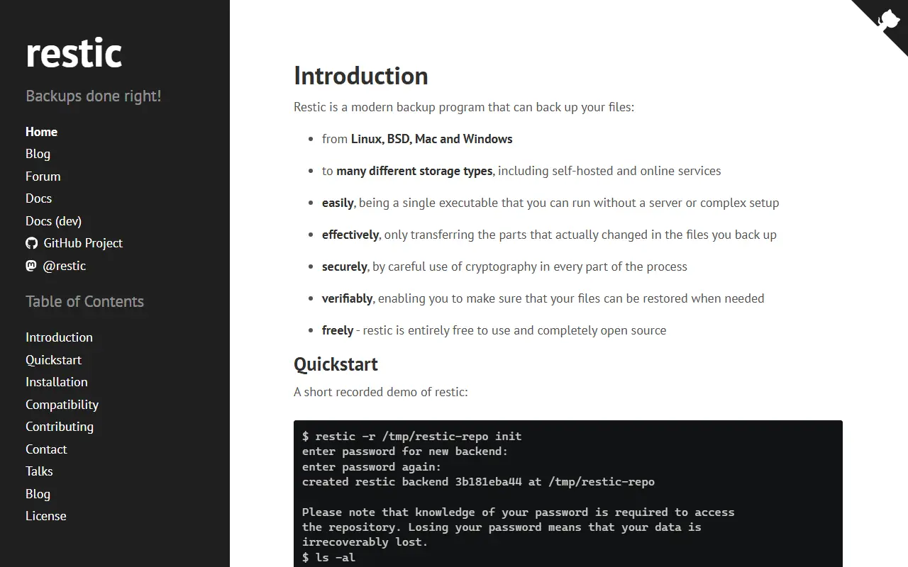 restic homepage screenshot
