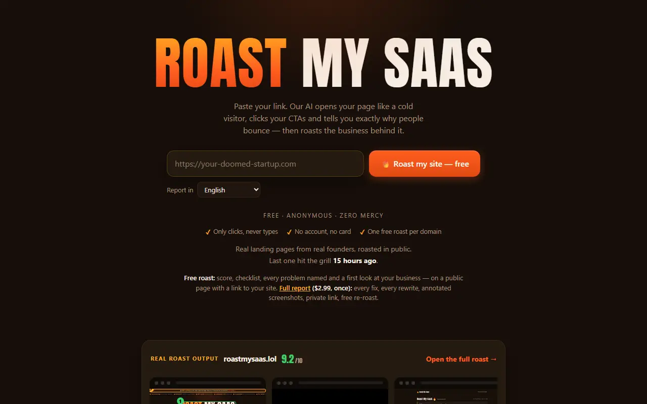Roast My SaaS homepage screenshot