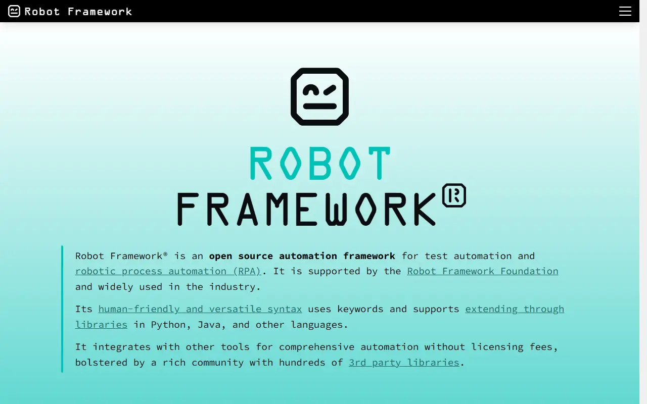 Robot Framework homepage screenshot