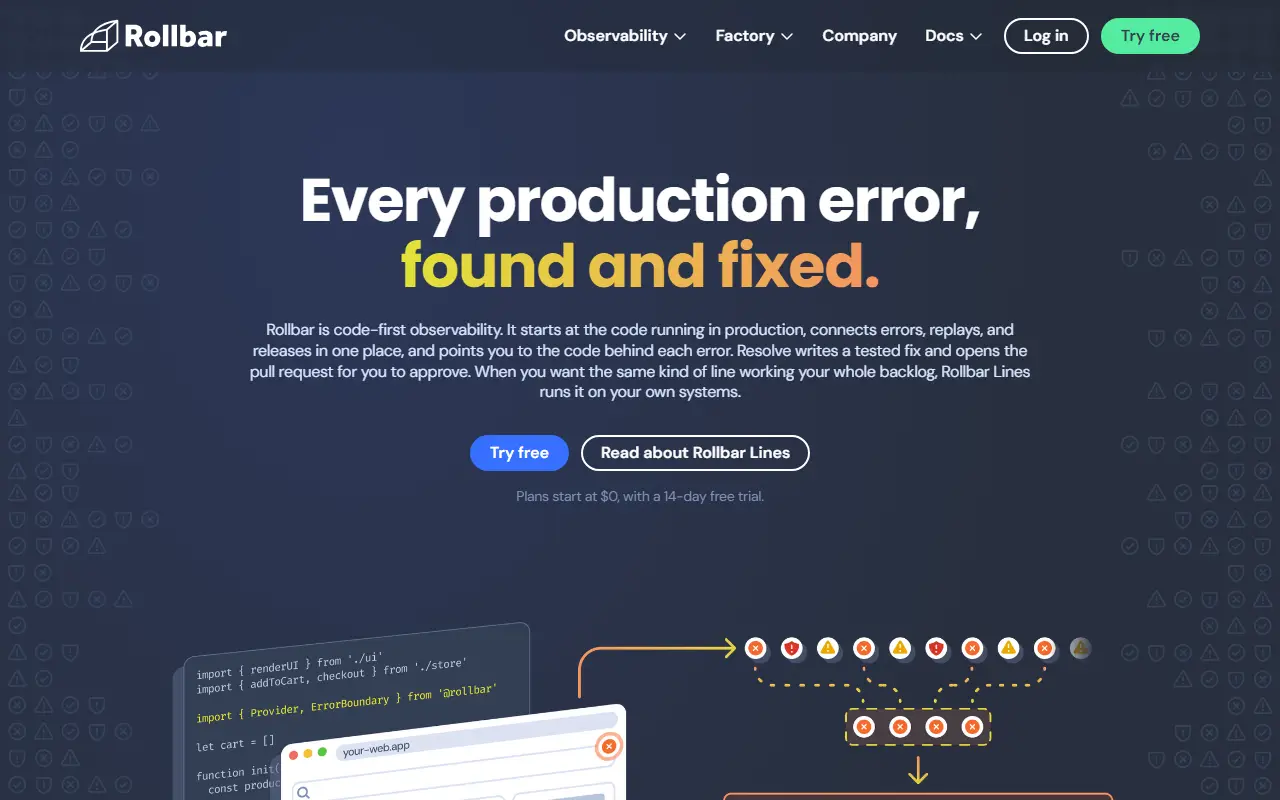 Rollbar homepage screenshot