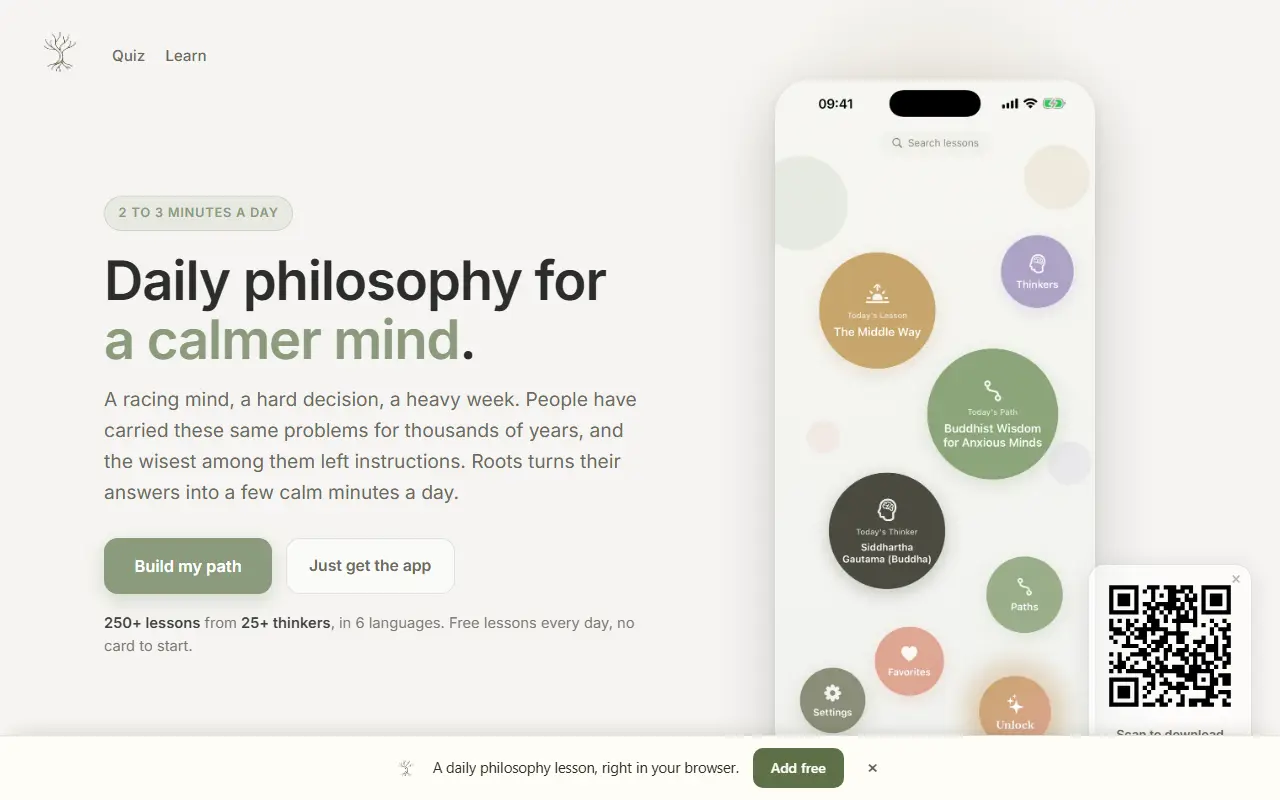 Roots: Daily Philosophy homepage screenshot
