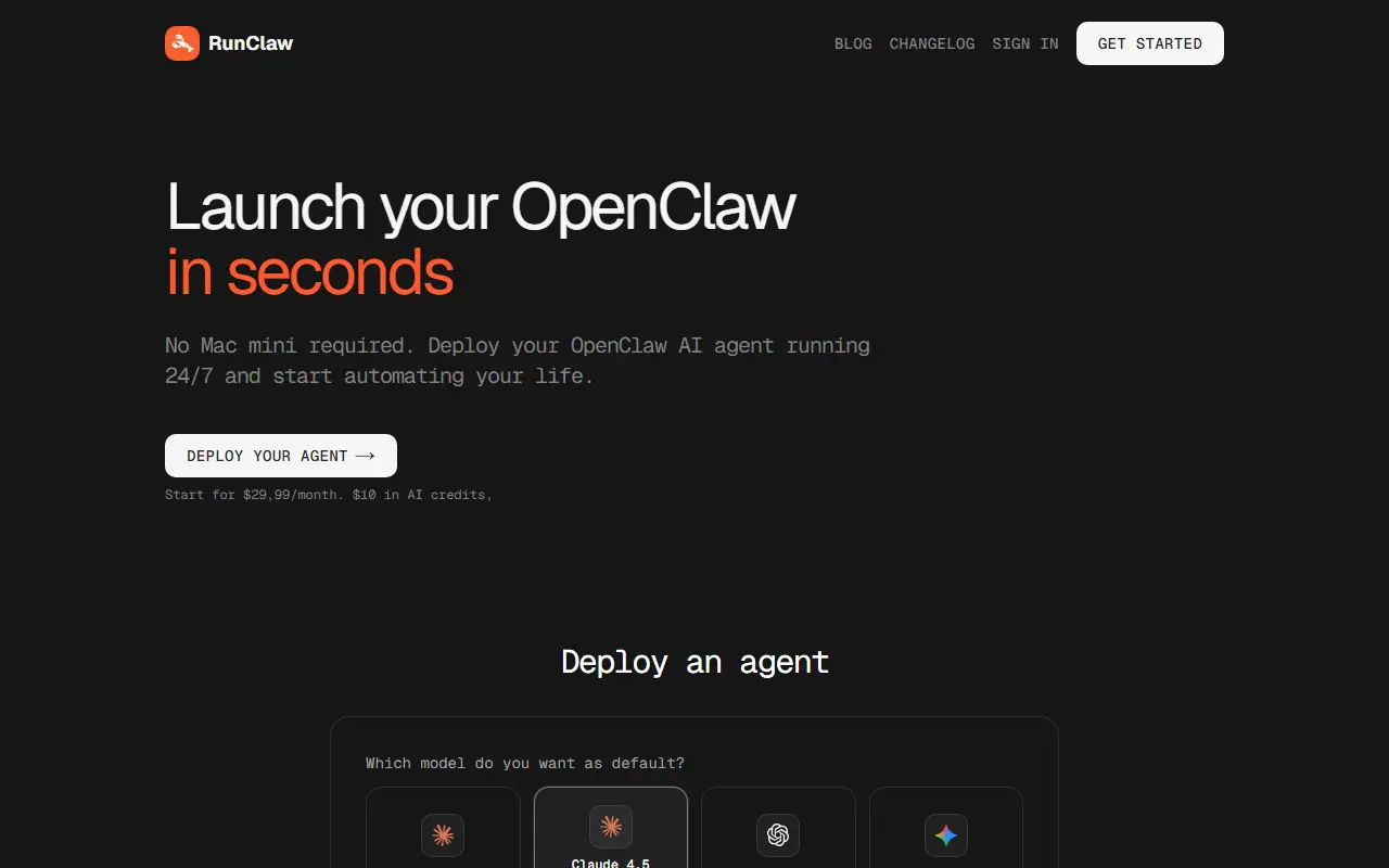 runclaw.sh homepage screenshot