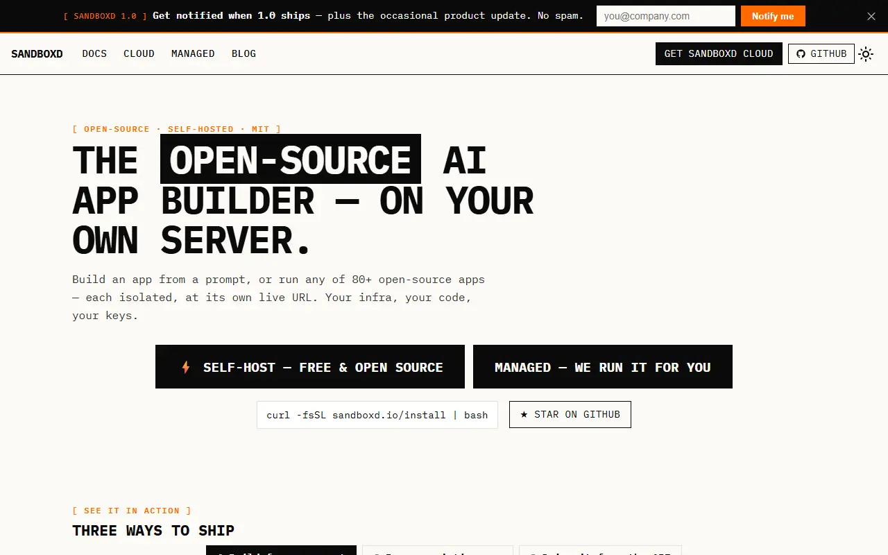 Sandboxd homepage screenshot