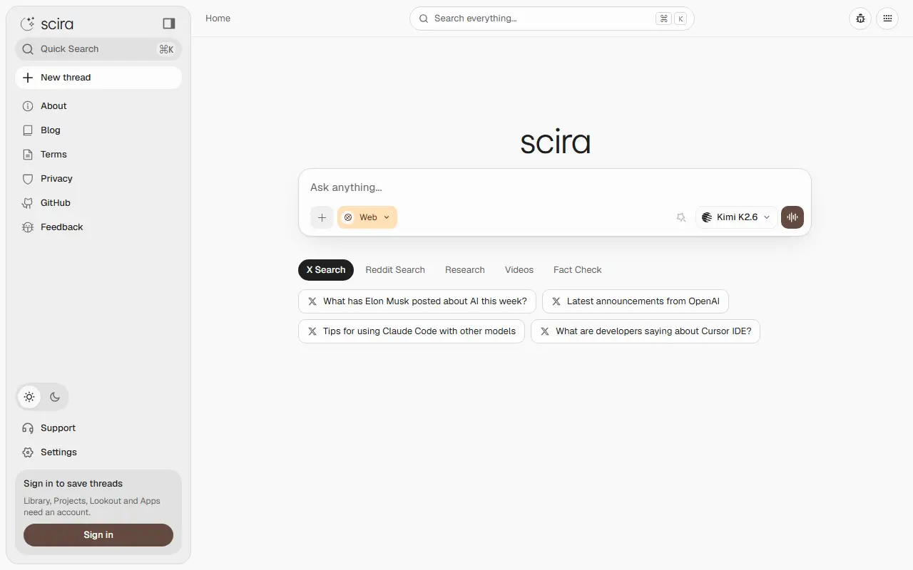 Scira homepage screenshot