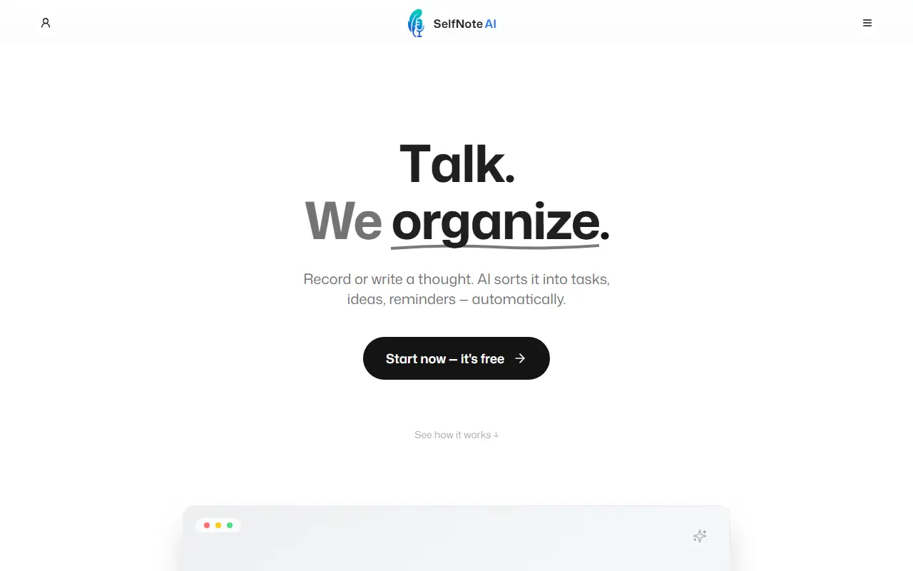 SelfNote homepage screenshot