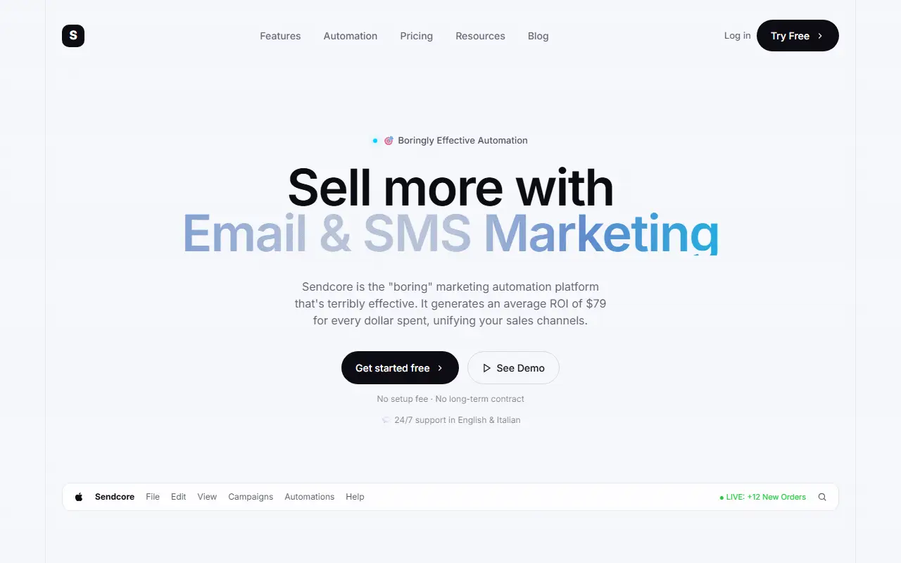 SendCore homepage screenshot