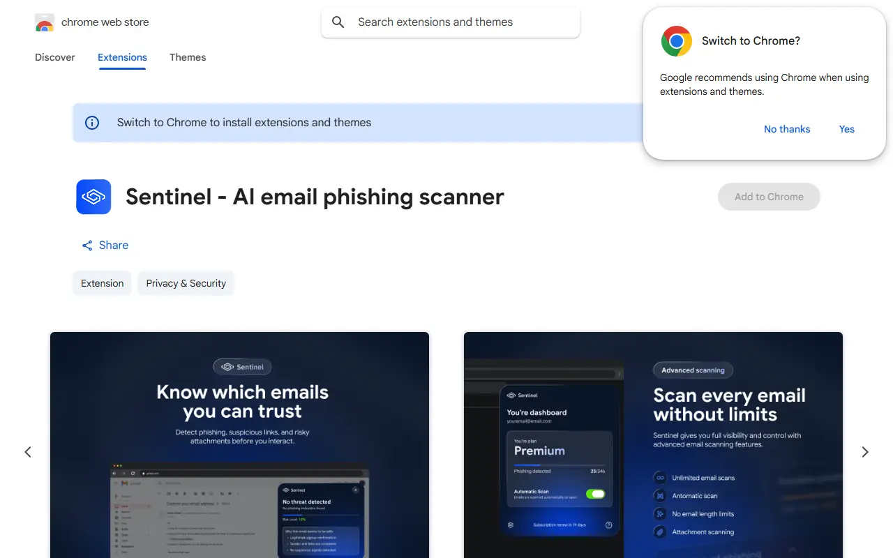 Sentinel homepage screenshot