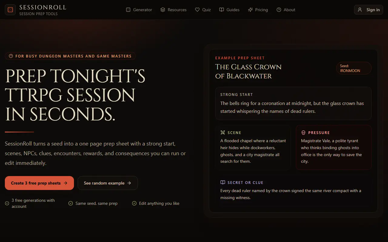 SessionRoll homepage screenshot