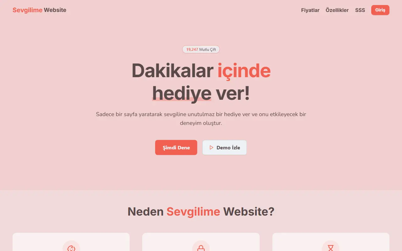 Sevgilime Website homepage screenshot