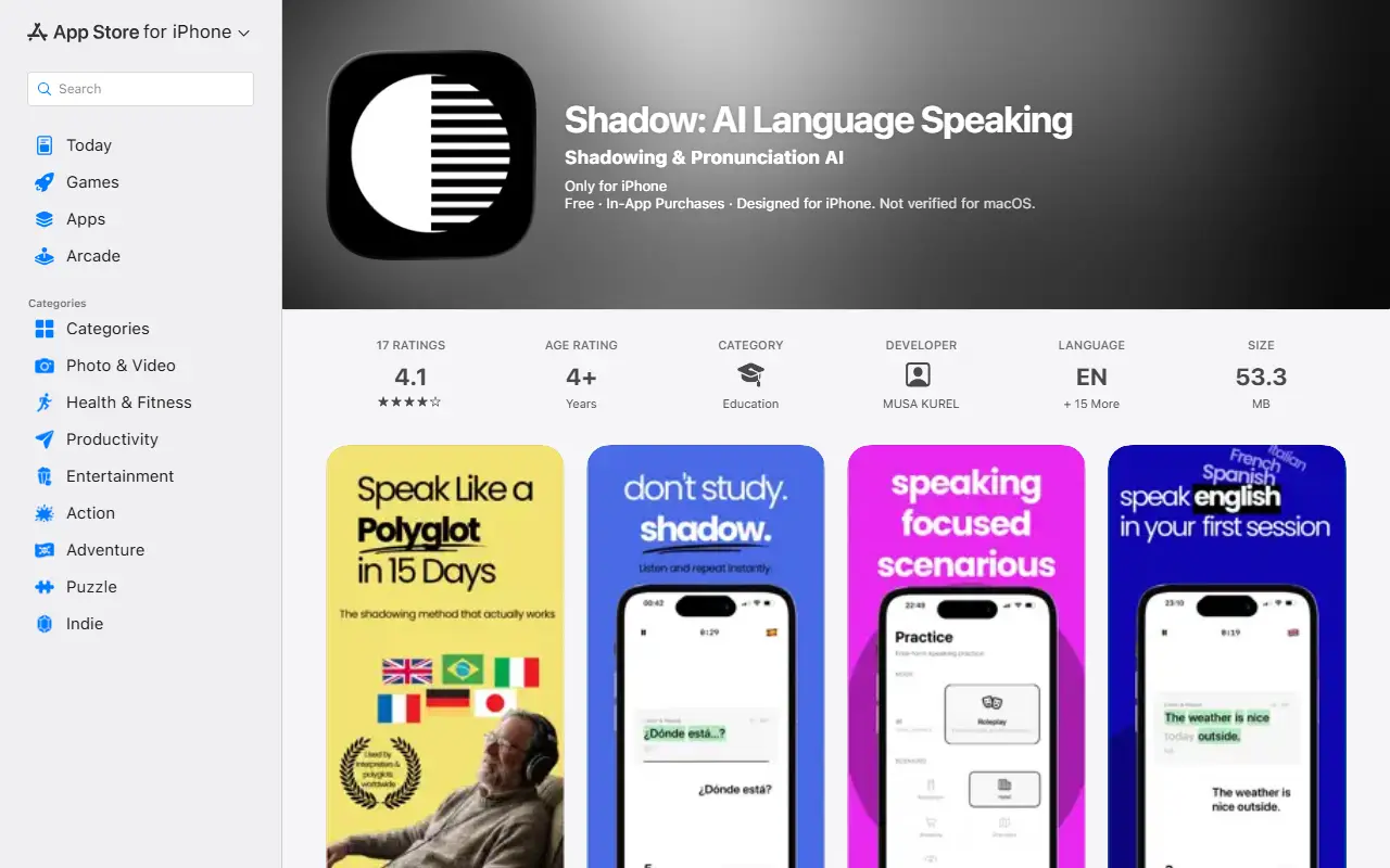 Shadow: AI Language Speaking homepage screenshot