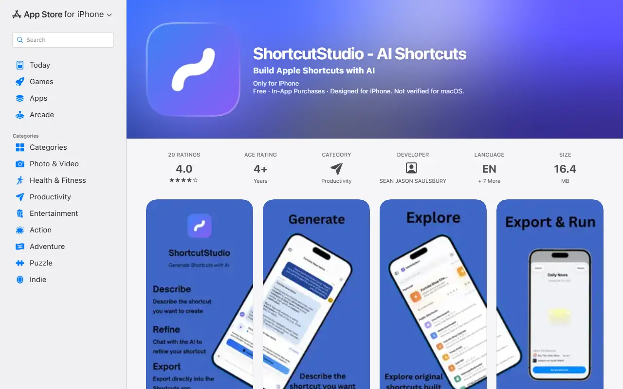 ShortcutStudio AI Shortcuts homepage screenshot