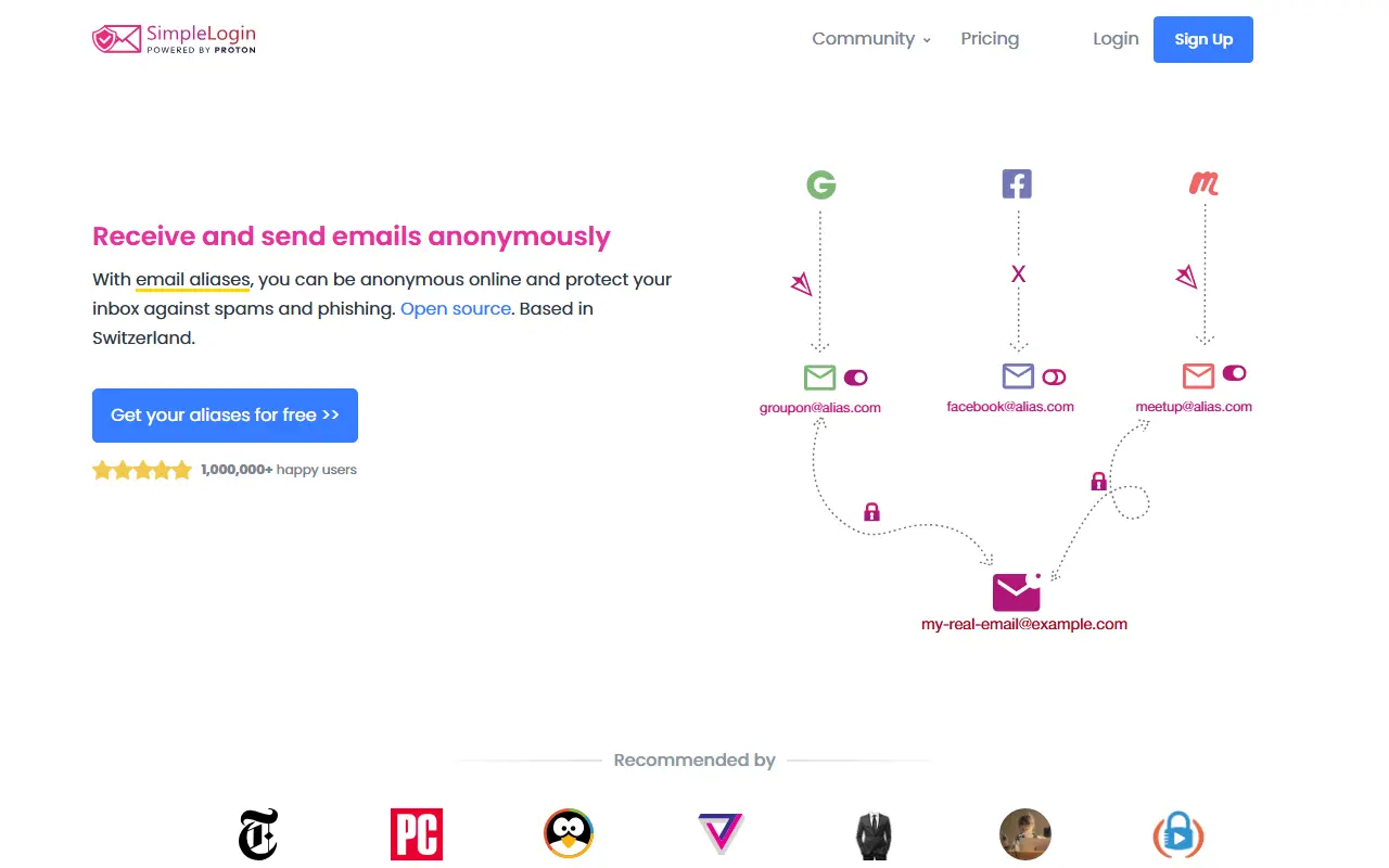 SimpleLogin homepage screenshot