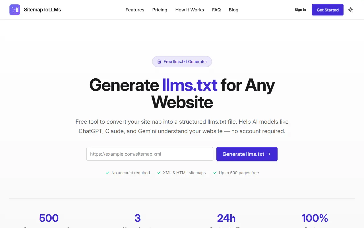 SitemapToLLMs homepage screenshot