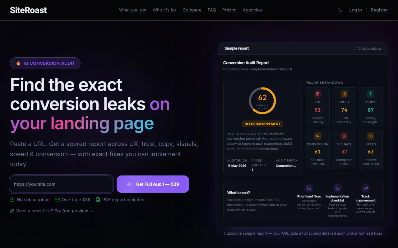 SiteRoast homepage screenshot