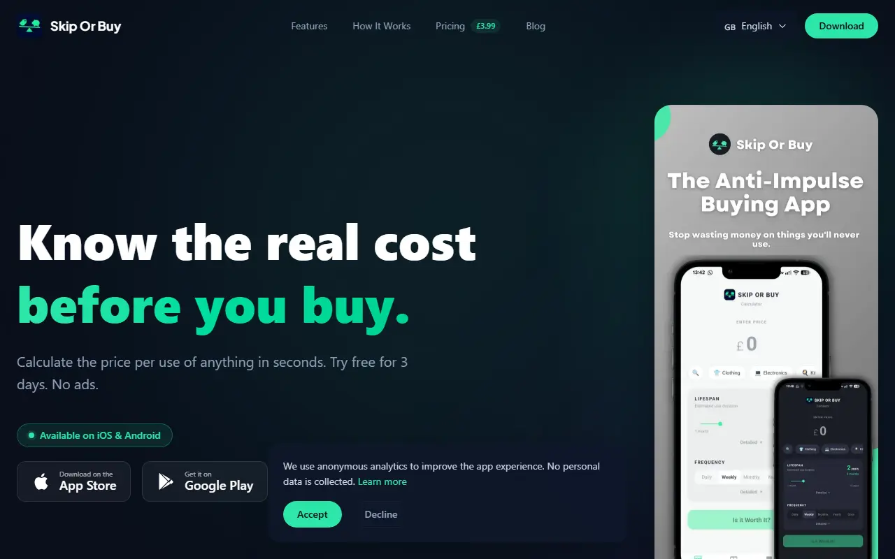 Skip or Buy: Cost per use homepage screenshot