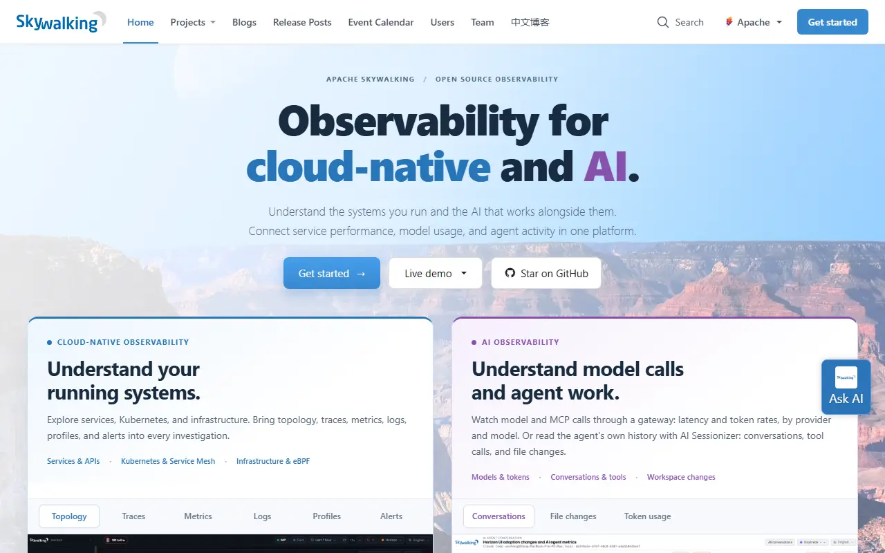 SkyWalking homepage screenshot