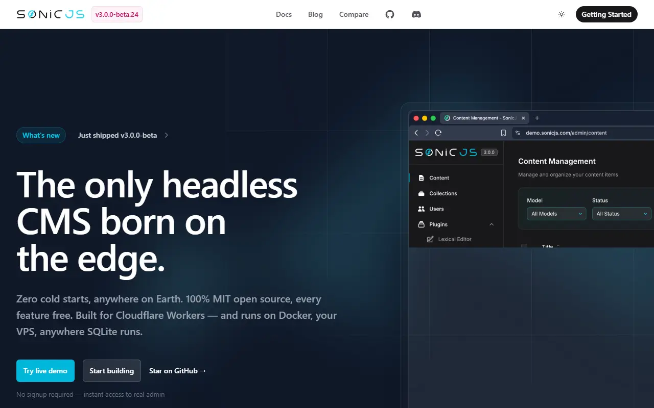 SonicJS homepage screenshot