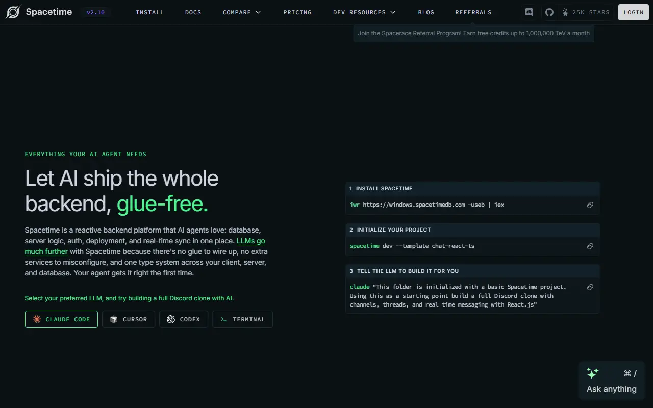 SpacetimeDB homepage screenshot