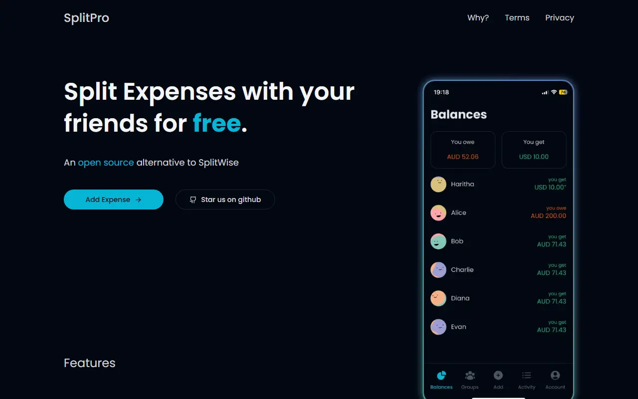 SplitPro homepage screenshot
