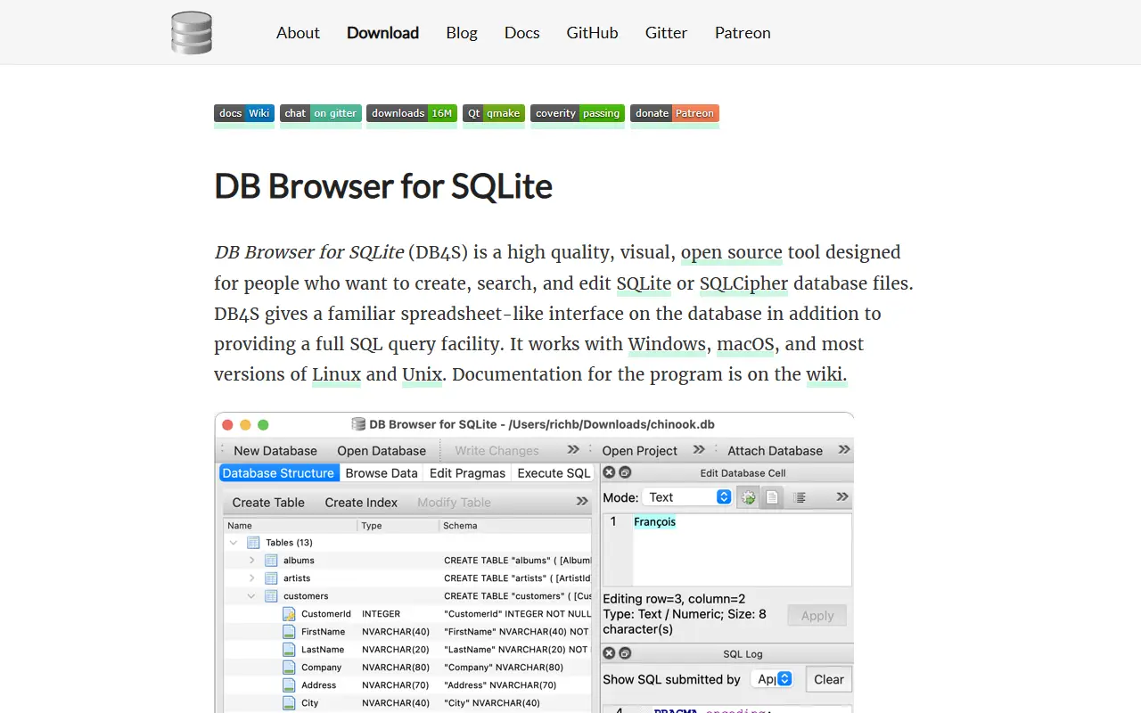 DB Browser for SQLite homepage screenshot