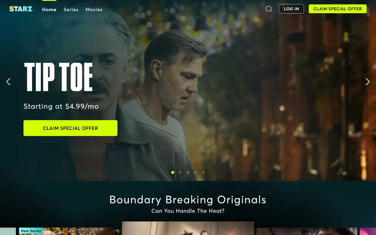 Starz homepage screenshot