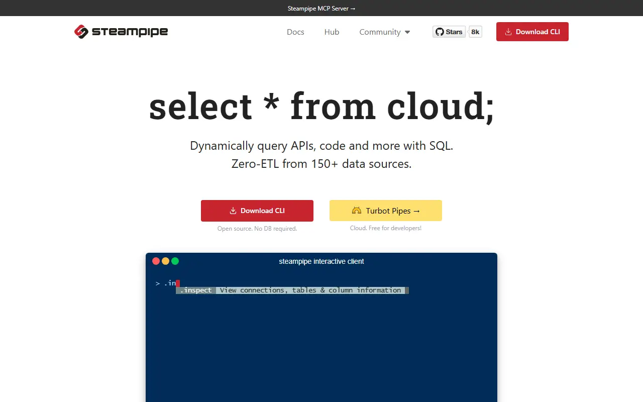 Steampipe homepage screenshot