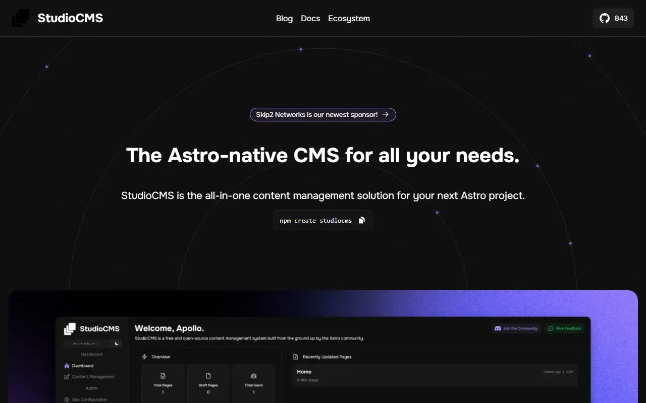 StudioCMS homepage screenshot