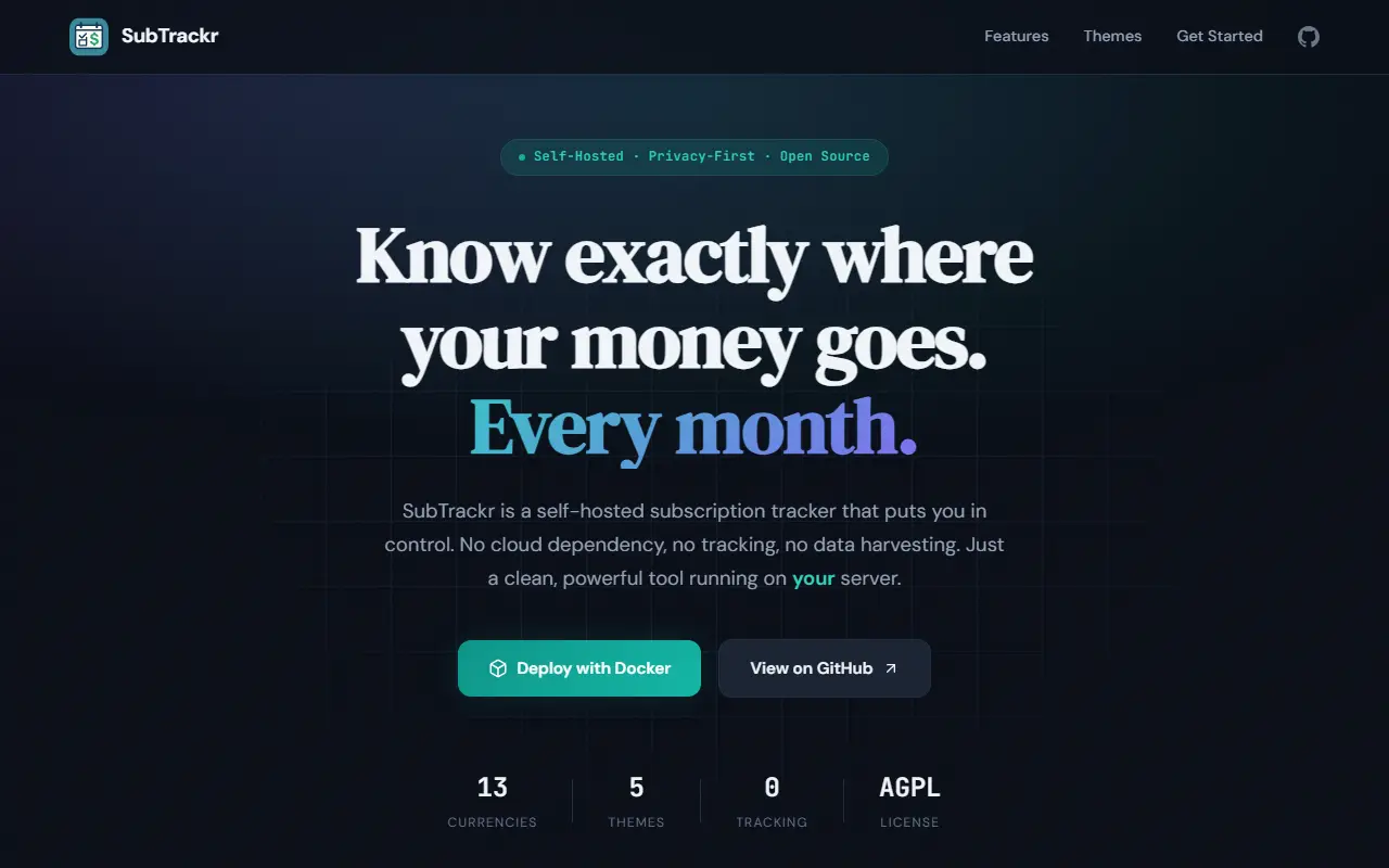 SubTrackr homepage screenshot