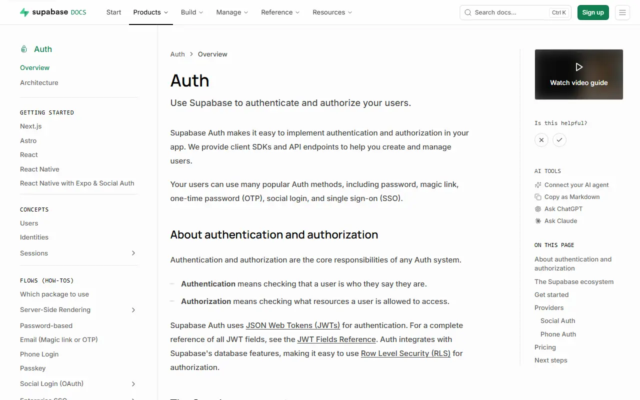 Supabase Auth homepage screenshot