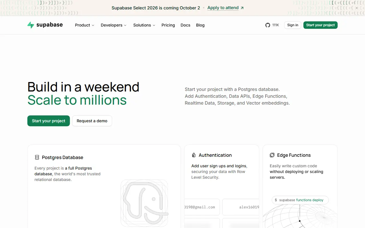 Supabase homepage screenshot