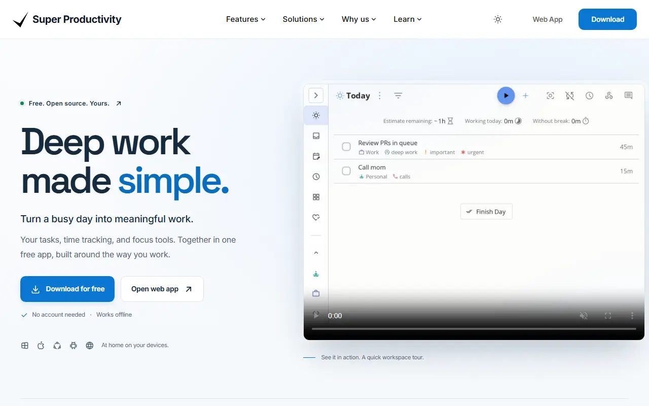 Super Productivity homepage screenshot