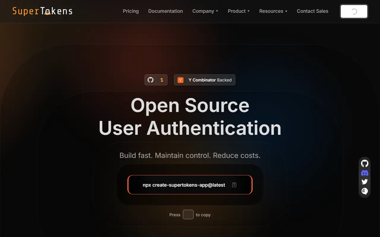 SuperTokens homepage screenshot