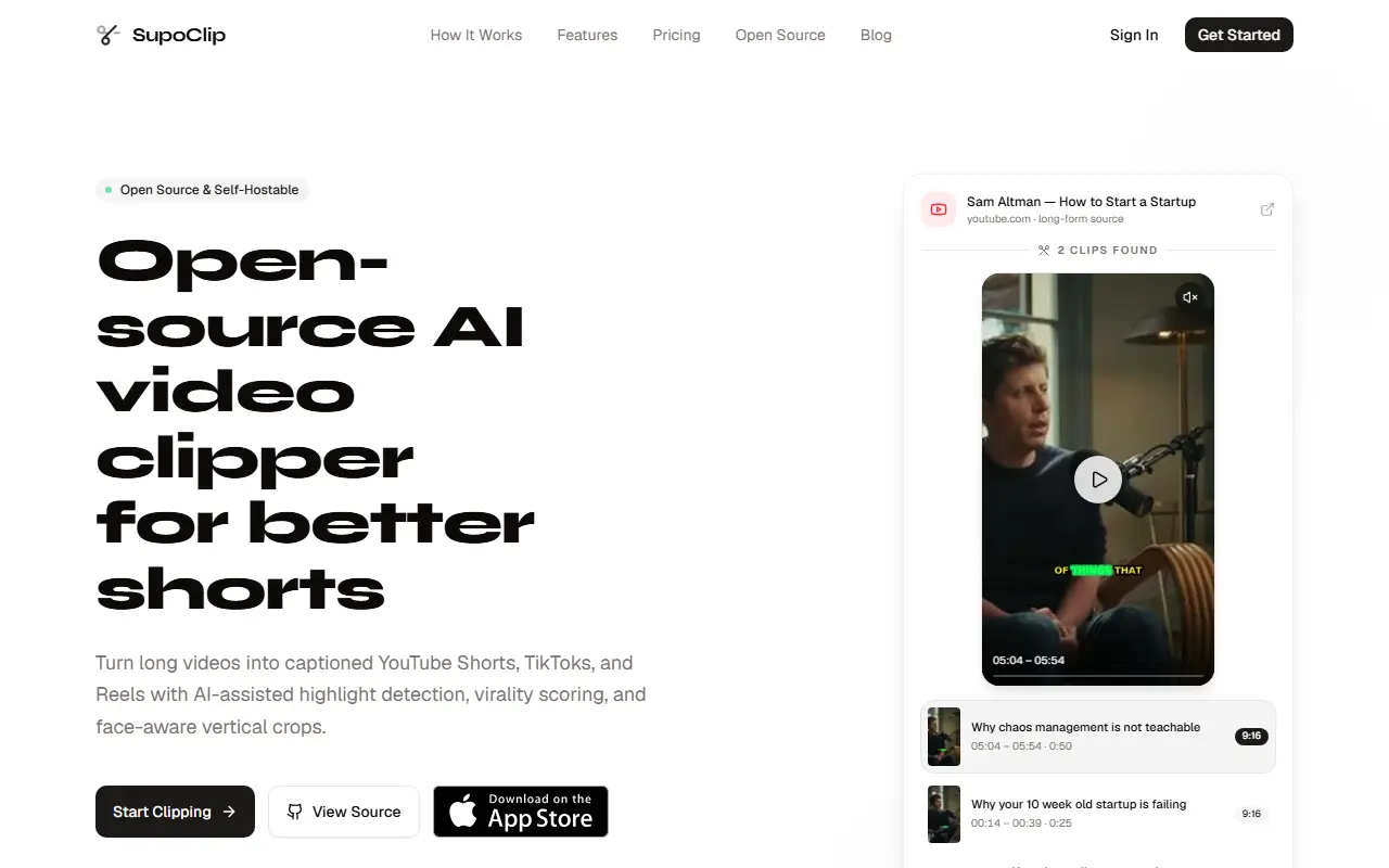 SupoClip homepage screenshot
