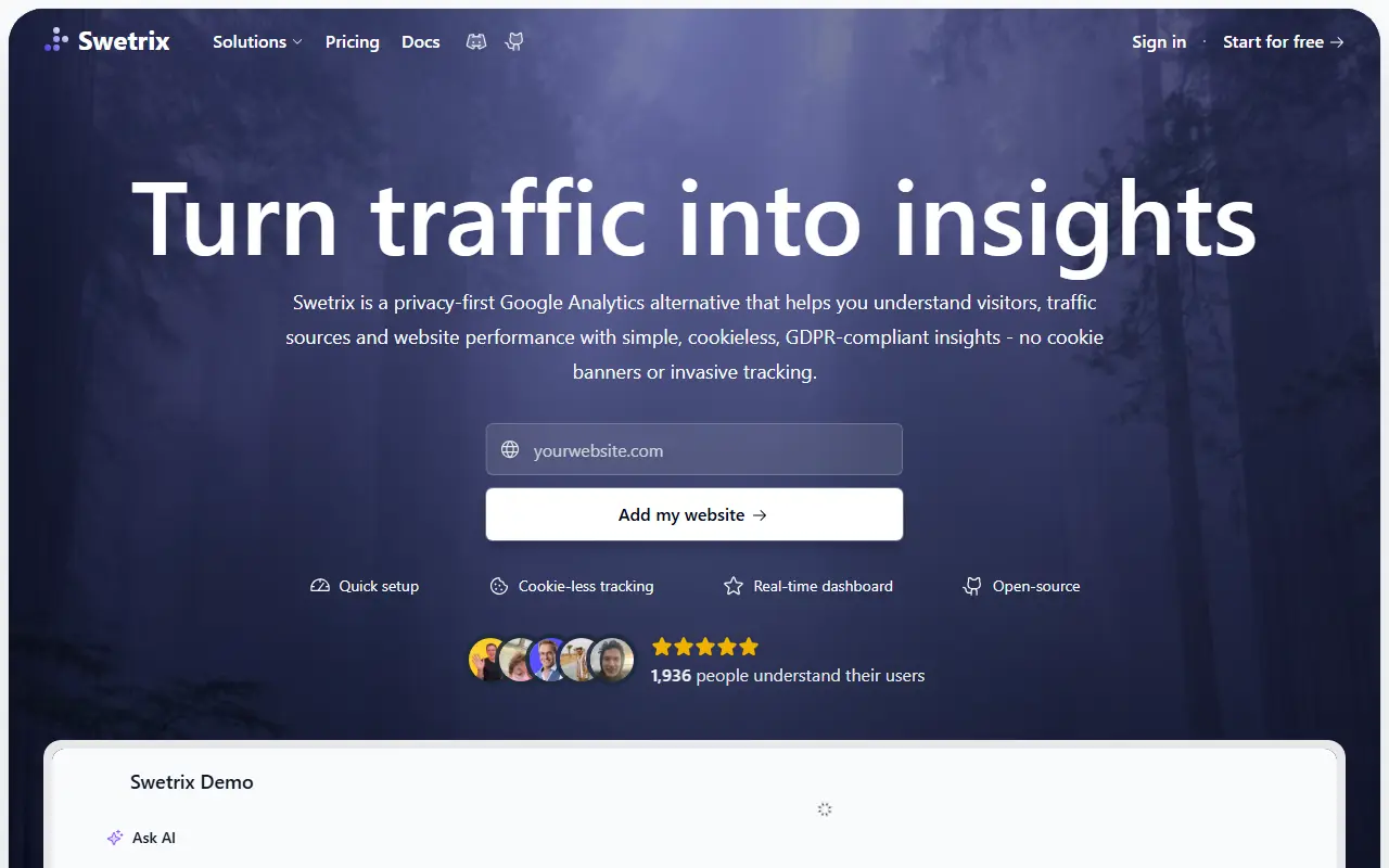 Swetrix homepage screenshot