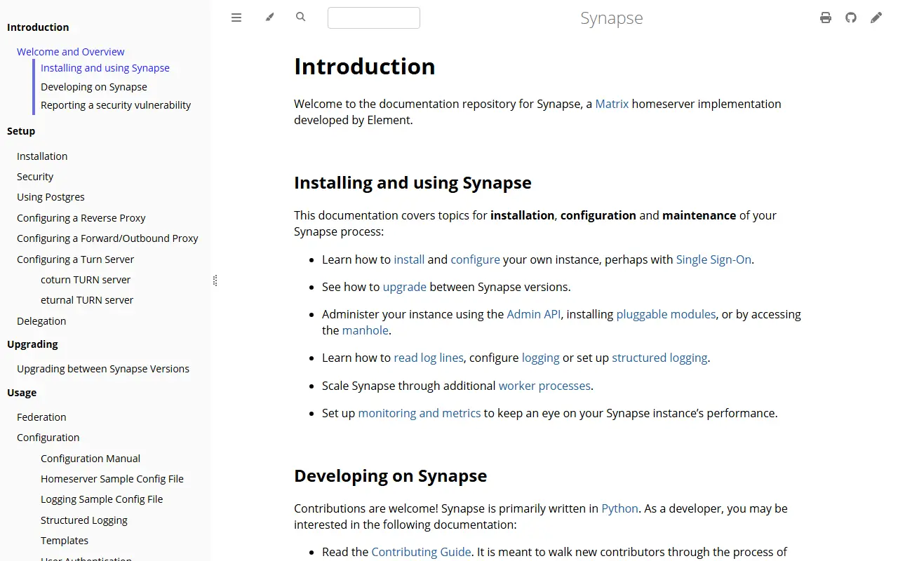 Synapse homepage screenshot