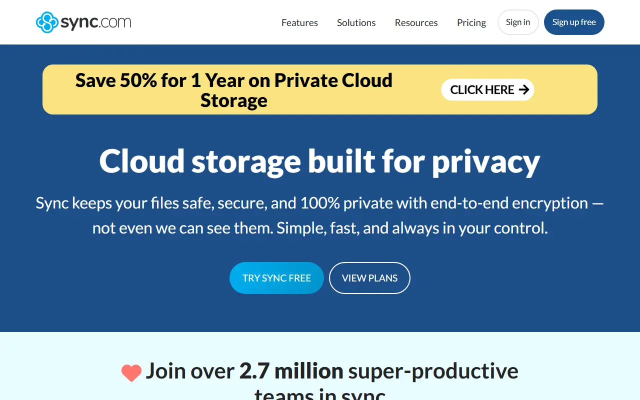 Sync.com homepage screenshot