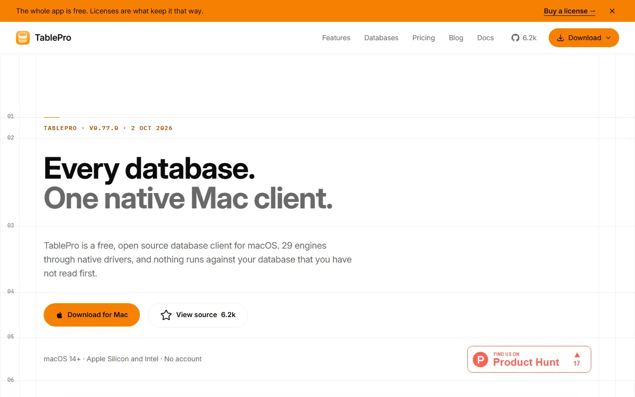 TablePro homepage screenshot